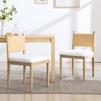 chairus Modern Coastal Dining Chairs Set of 2, Linen Upholstered Fabric Dining Room Chairs with Woven Rope Back, Farmhouse Wooden Kitchen Chairs, Natural Wood