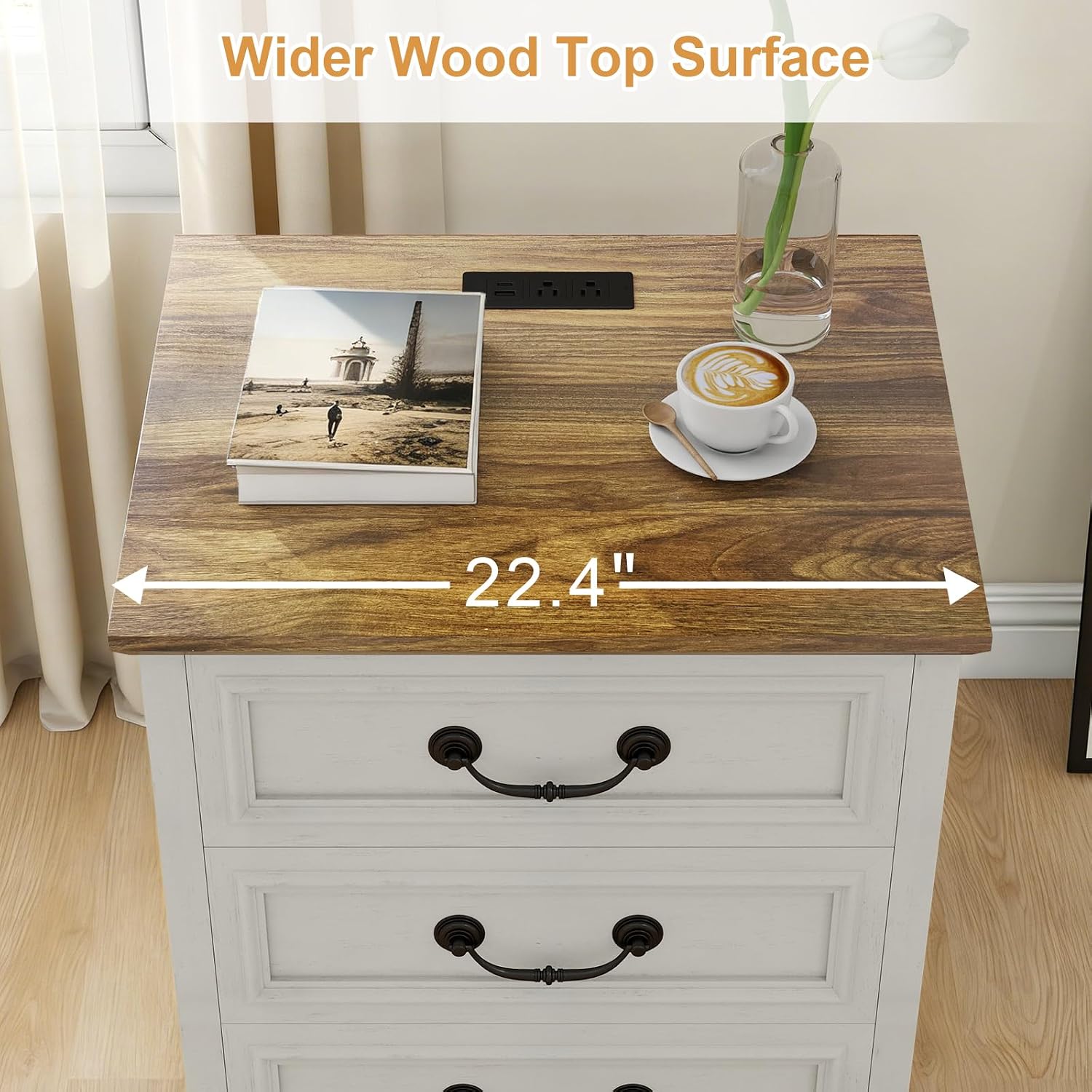 MUUEGM Night Stand with Charging Station Set of 2 Rustic White Bedside End Tables with 3 Large Storage Drawers & Vintage Handles Dresser Chest of Drawers for Bedroom, Living Room, Closet