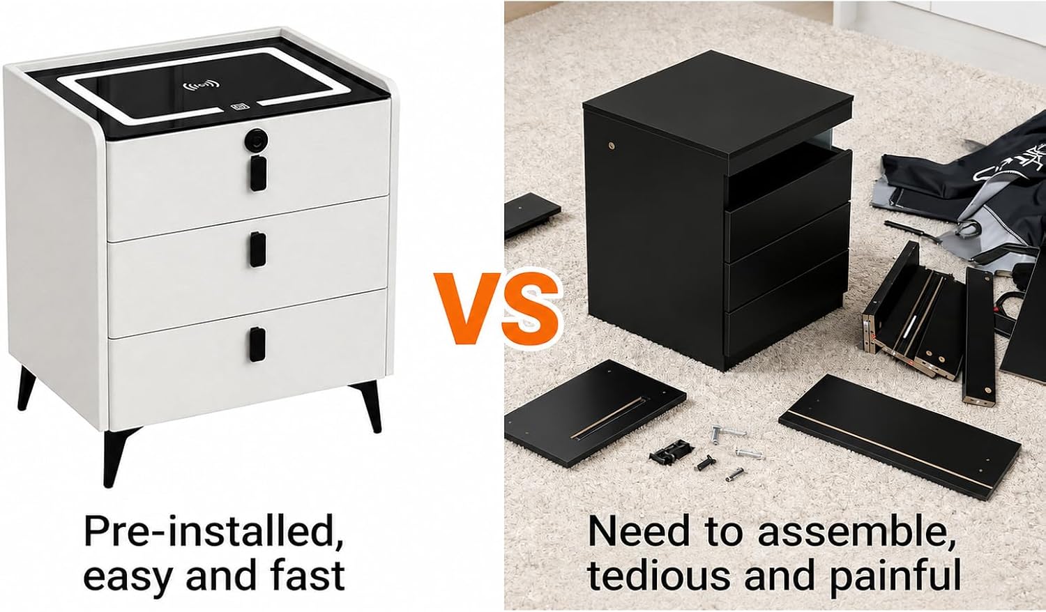 Smart Nightstand with Wireless Charging, with Fingerprint Lock Drawer, Night Stand with Charging Station,2 USB, LED Lights Bluetooth Speaker Side Table for Bedroom/Living Room (White)