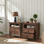 Farmhouse Nightstand with Charging Station, 22" Large End Table with 2 Drawers & Open Shelf, Rustic Wood Square Sofa Side Bedside Table w/4 Solid Wood Feet for Living Room, Bedroom,2 Pack,Walnut