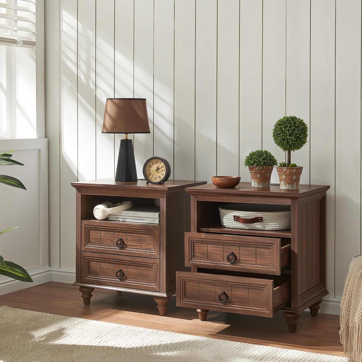 Farmhouse Nightstand with Charging Station, 22" Large End Table with 2 Drawers & Open Shelf, Rustic Wood Square Sofa Side Bedside Table w/4 Solid Wood Feet for Living Room, Bedroom,2 Pack,Walnut