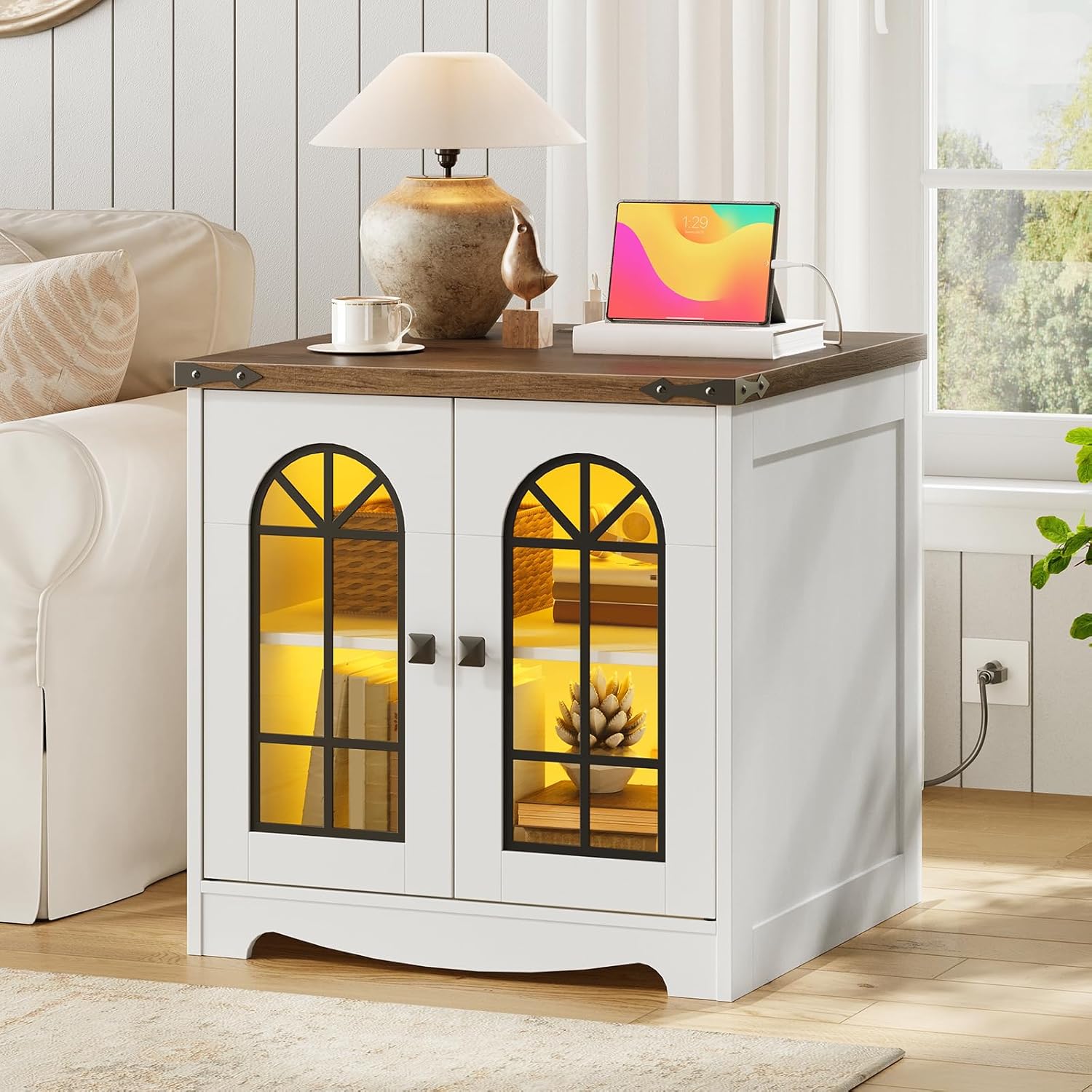 HOOBRO Farmhouse End Table, 23.6" Large Square Side Tables with Charging Station and LED Lights, Large End Table for Living Room, Wooden Nightstand with Glass Barn Door, White and Walnut WH604UDBZ01