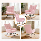 Nursery Rocking Chair, Teddy Upholstered Glider Rocker with High Backrest & Thick Cushion, Tufted Accent Armchair with Wood Legs, Comfy Reading Chair for Living Room Bedroom Office, Pink