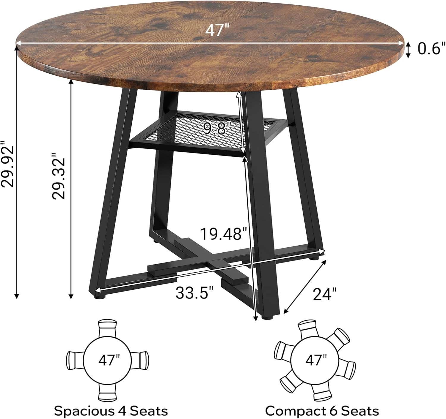47 Inch Round Dining Table for 4-6 People,Modern Circle Dining Room Table Kitchen Table with Metal Legs for Dining Room,Kitchen,Vintage(Table Only)