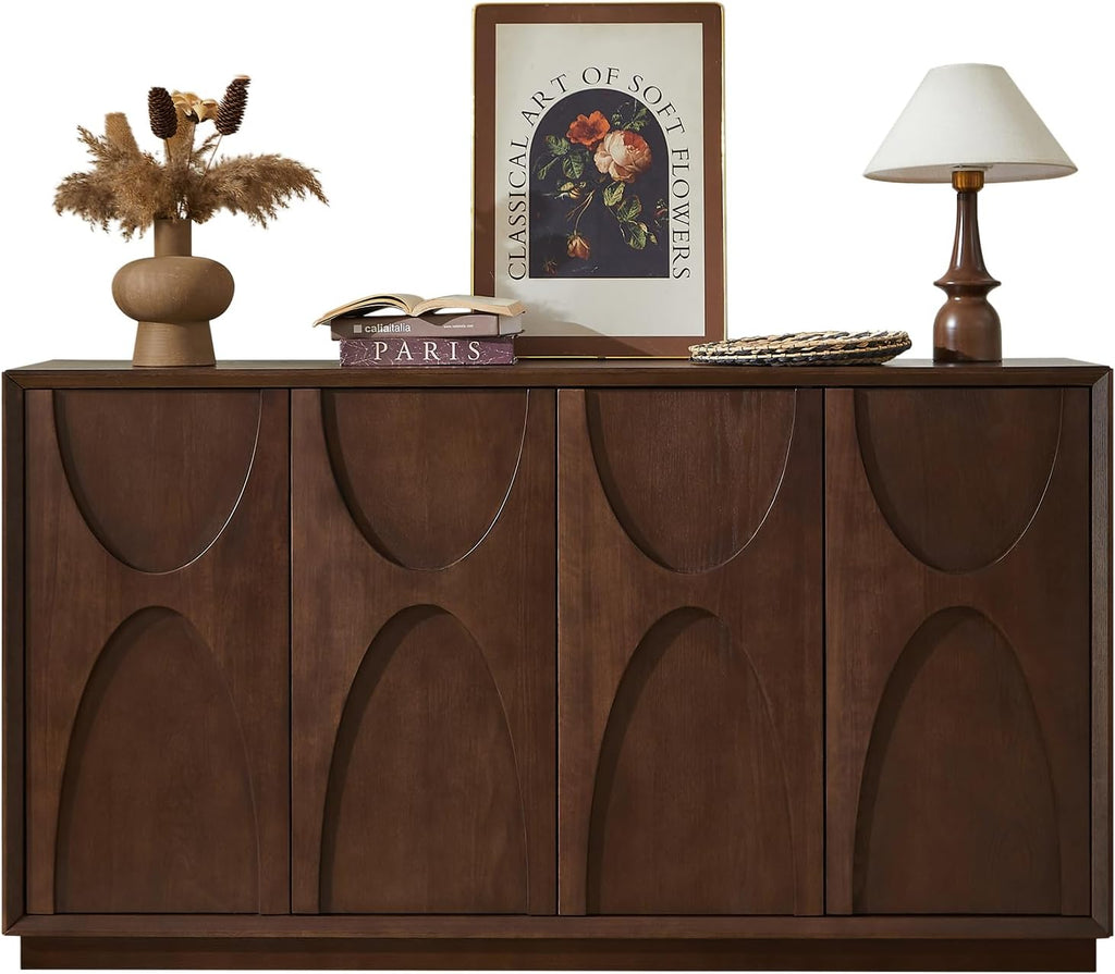 59" Sideboard Buffet Cabinet with Storage, Mid-Century Modern Sculpted Door Design Buffet Sideboard Accent Credenza with Adjustable Shelves for Living Room Kitchen Hallway (Walnut)