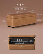VASAGLE EKHO Collection - Storage Ottoman Bench, Entryway Bedroom Bench, 25 Gallons, Synthetic Leather with Stitching, Mid-Century Modern, Safety Hinges, Loads 660 lb, Caramel Brown ULOM075K01