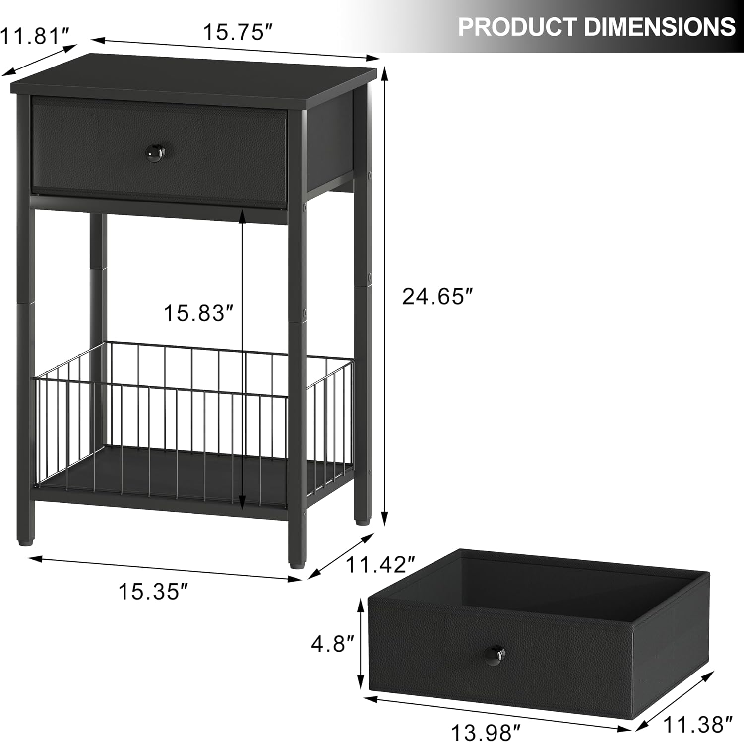 Small nightstand, Bed Side Tables Bedroom, Black Side Table, end Table with Drawer, one Drawer nightstand, Black end Table LNT0061BK