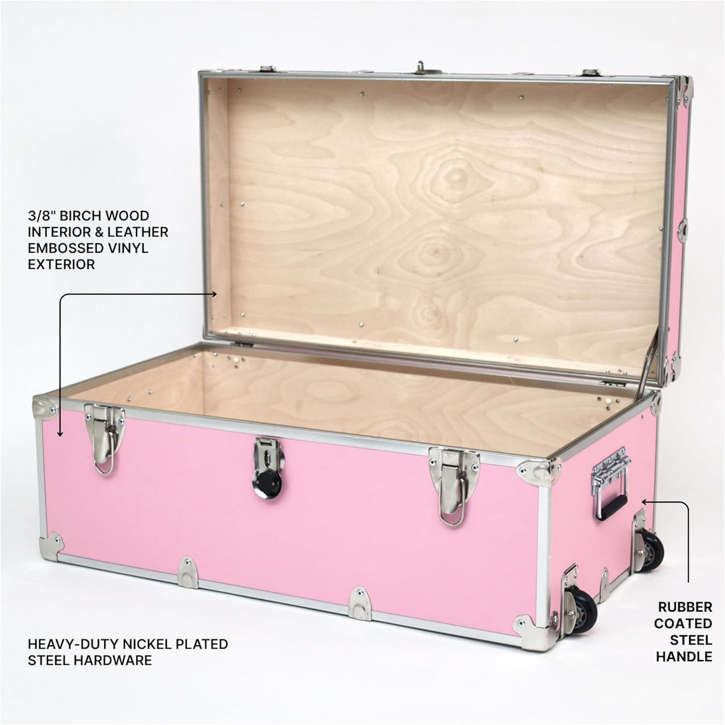 Rhino Trunk & Case Girls Personalized Pink Trunk with Wheels. 32"x18"x14", 1000+ lbs Capacity Steamer Style - Strong, USA Made Summer Camp Footlocker and Secure Dorm Storage Chest