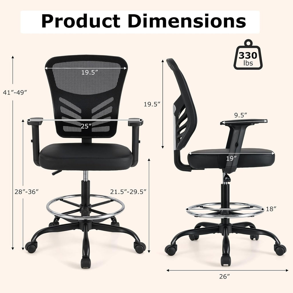 Giantex Drafting Chair, Tall Office Chair with Adjustable Armrests & Footrest Ring, Ergonomic Computer Standing Desk Chair with Lumbar Support for Counter Height Desk, Home Office