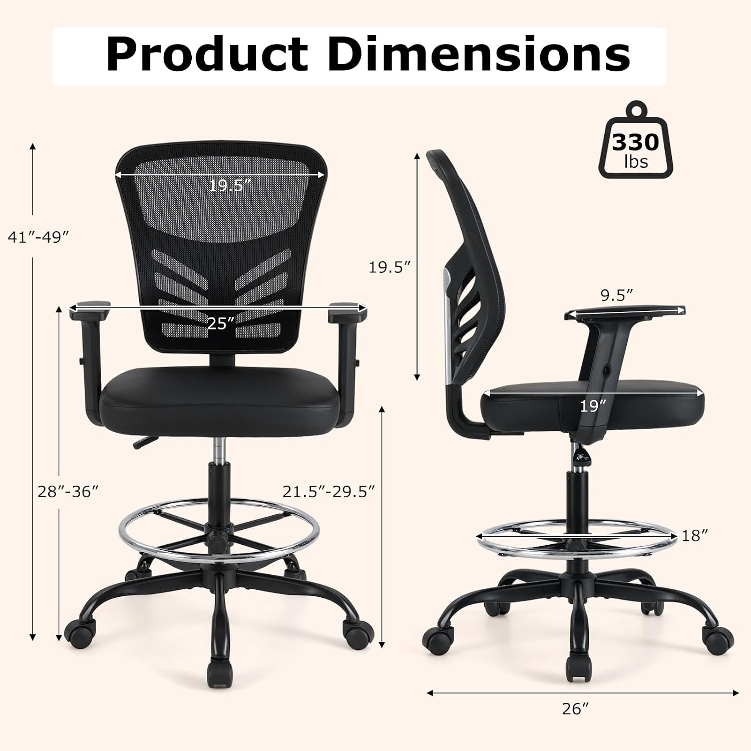 Giantex Drafting Chair, Tall Office Chair with Adjustable Armrests & Footrest Ring, Ergonomic Computer Standing Desk Chair with Lumbar Support for Counter Height Desk, Home Office