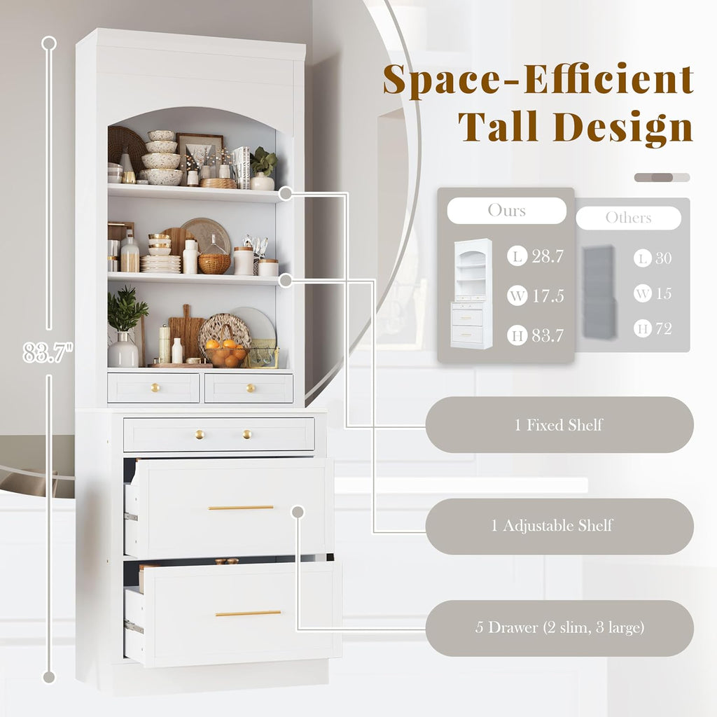 LUMISOL 83.7” Kitchen Pantry, Freestanding Tall Kitchen Hutch with Faux Marble Top, Display Cupboard Cabinet with 5 Storage Drawers and Adjustable Shelf, Storage Cabinet for Kitchen Dining Room, White