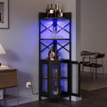 Airynee Corner Bar Cabinet with Power Outlet, 5-Tier Corner Wine Cabinet with Led Strip and Glass Holder, Industrial Tall Liquor Cabinet Bar Wine Rack for Home，Black