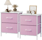 Stero Nightstand Set of 2, Kids Dresser with 2 Drawers, Steel Frame Bedside Furniture, Wood Top Fabric Night Stand, Colorful End Table for Home, Bedroom, Office, Pink