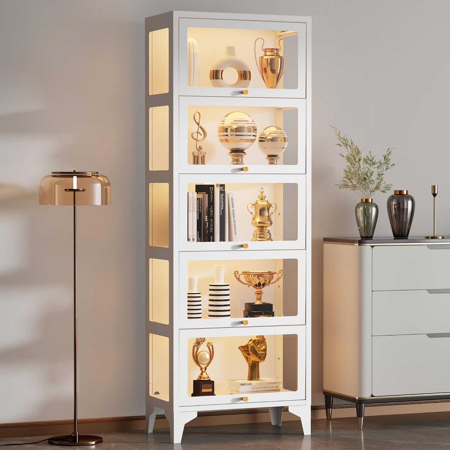 5-Tier Glass Display Cabinet with LED Lights, 67" Curio Cabinet, White | Flip-Up Doors, 13-Color LED Lights, 3-Side Tempered Glass Display Case for Books, Collectibles, Figures