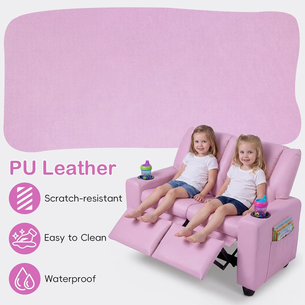 Olakids Kids Recliner, Double Toddler Lounge Chair with 105° to 150° Adjustable Backrest Cup Holder Footrest Side Pockets, PU Leather Children Couch (Pink)