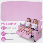 Olakids Kids Recliner, Double Toddler Lounge Chair with 105° to 150° Adjustable Backrest Cup Holder Footrest Side Pockets, PU Leather Children Couch (Pink)