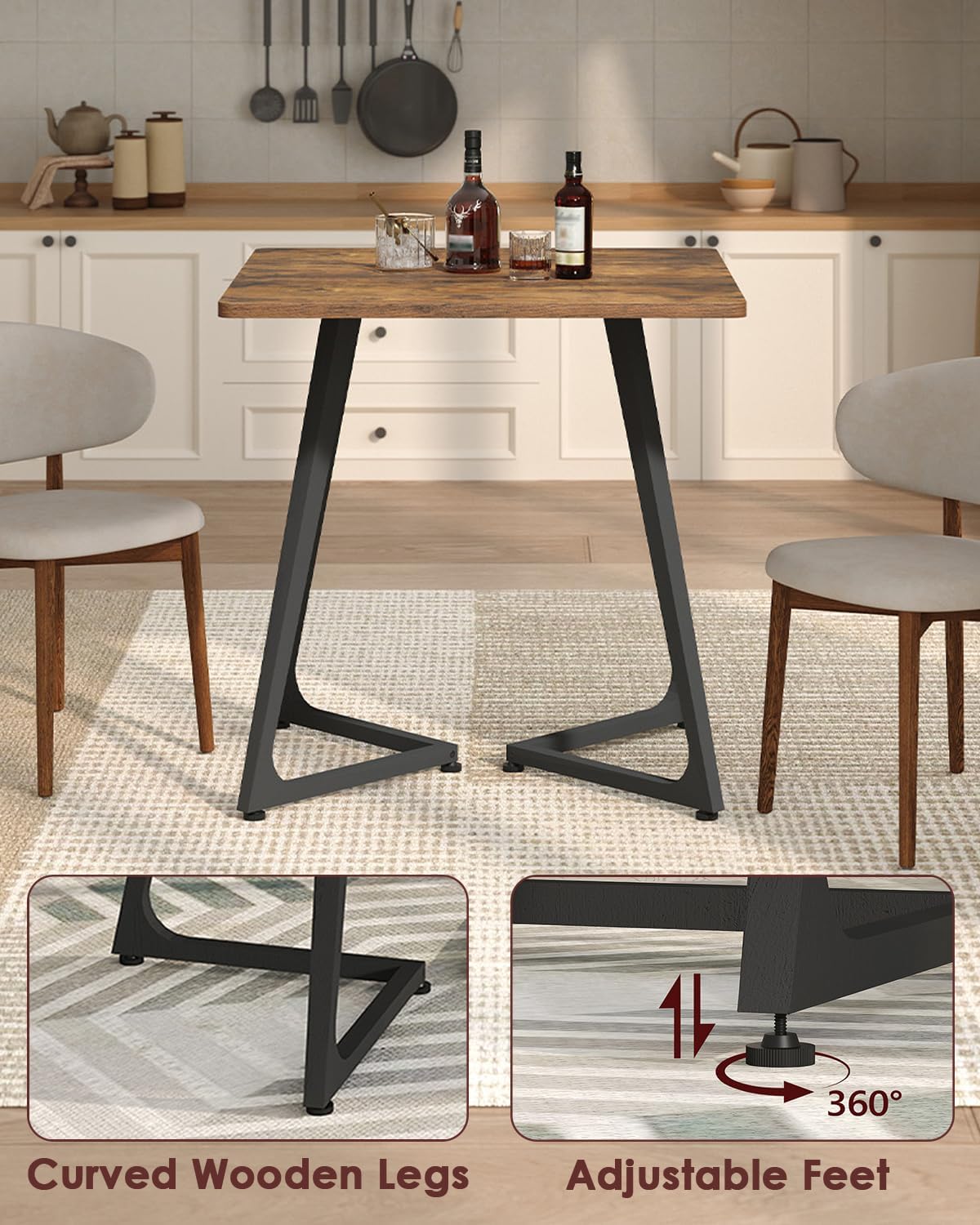 SANYOUNG Small Dining Table, 29.5" Square Dining Table for 2 People, Farmhouse Kitchen Table with Wood Legs for Small Space, Living Room, Apartment, Rustic Brown and Black