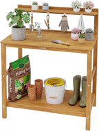 YEFU Outdoor Potting Bench with Storage: 3-Tier HIPS Potting Table with Wide-Panel Shelf/Hooks - All-Weather Heavy Duty Gardening Table for Patio Backyard Porch Easy to Clean 420lbs Capacity (Teak)