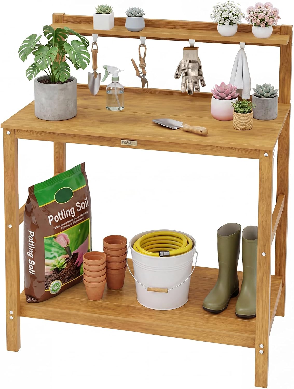 YEFU Outdoor Potting Bench with Storage: 3-Tier HIPS Potting Table with Wide-Panel Shelf/Hooks - All-Weather Heavy Duty Gardening Table for Patio Backyard Porch Easy to Clean 420lbs Capacity (Teak)