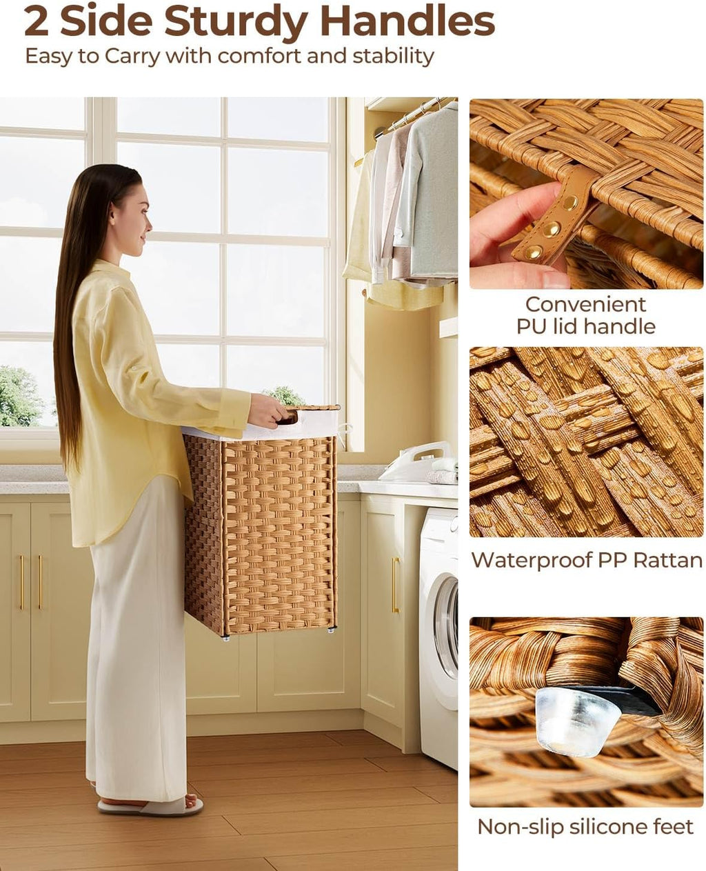 Greenstell Laundry Hamper with lid, No Install Needed, 110L Wicker Laundry Baskets Foldable 2 Removable Liner Bags, 2 Section Clothes Hamper Handwoven Rattan Laundry Basket with Handles, Natural