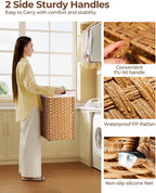Greenstell Laundry Hamper with lid, No Install Needed, 110L Wicker Laundry Baskets Foldable 2 Removable Liner Bags, 2 Section Clothes Hamper Handwoven Rattan Laundry Basket with Handles, Natural