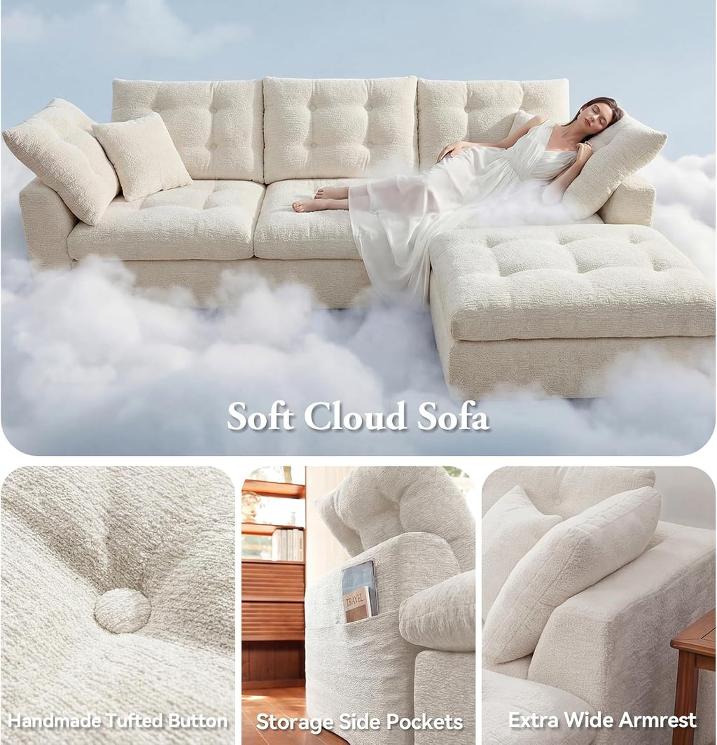 110" Oversized Cloud Sectional Boneless Couch, Modular Chenille L-Shaped Compressed Sofa with Ottoman & 3-in-1 Multi-Purpose Pillow, 3 Seater Memory Foam Couches for Living Room, Beige
