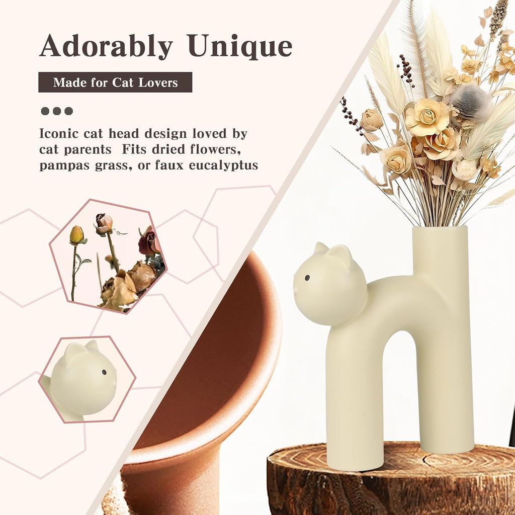 Cat Vase for Flowers, Ceramic Cat Desk Decor for Home & Office, Minimalist Flower Vase for Dried Plants, Cat Lover Gifts for Women, Cat Mom Gifts, Gifts for Cat Lovers, Cute Home Decor Small Vase
