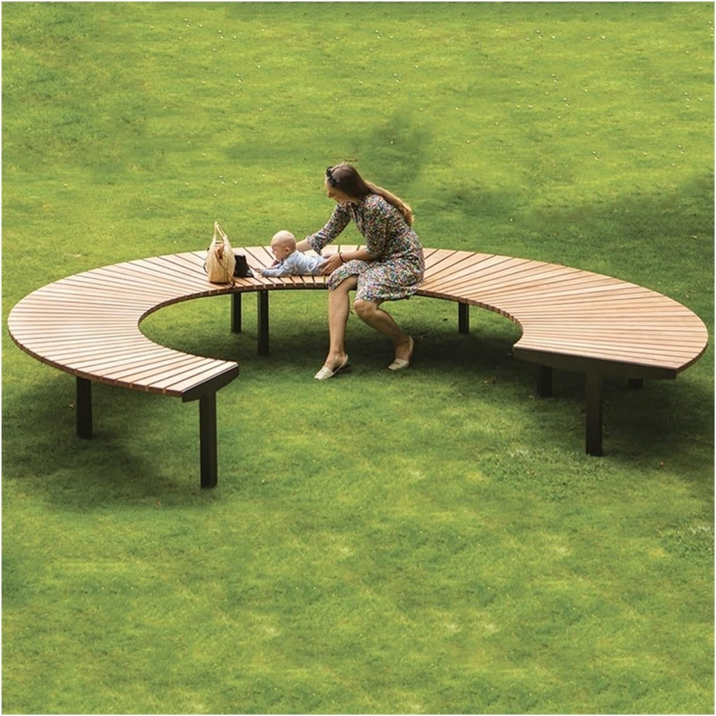 Garden Outdoor Benches Chair, Circular Park Seats, Modern Circular Anti-Corrosion Wooden Benches with Steel Frames Seat