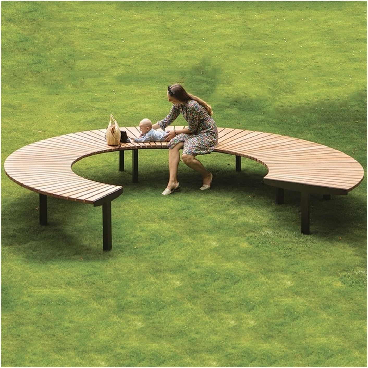 Garden Outdoor Benches Chair, Circular Park Seats, Modern Circular Anti-Corrosion Wooden Benches with Steel Frames Seat
