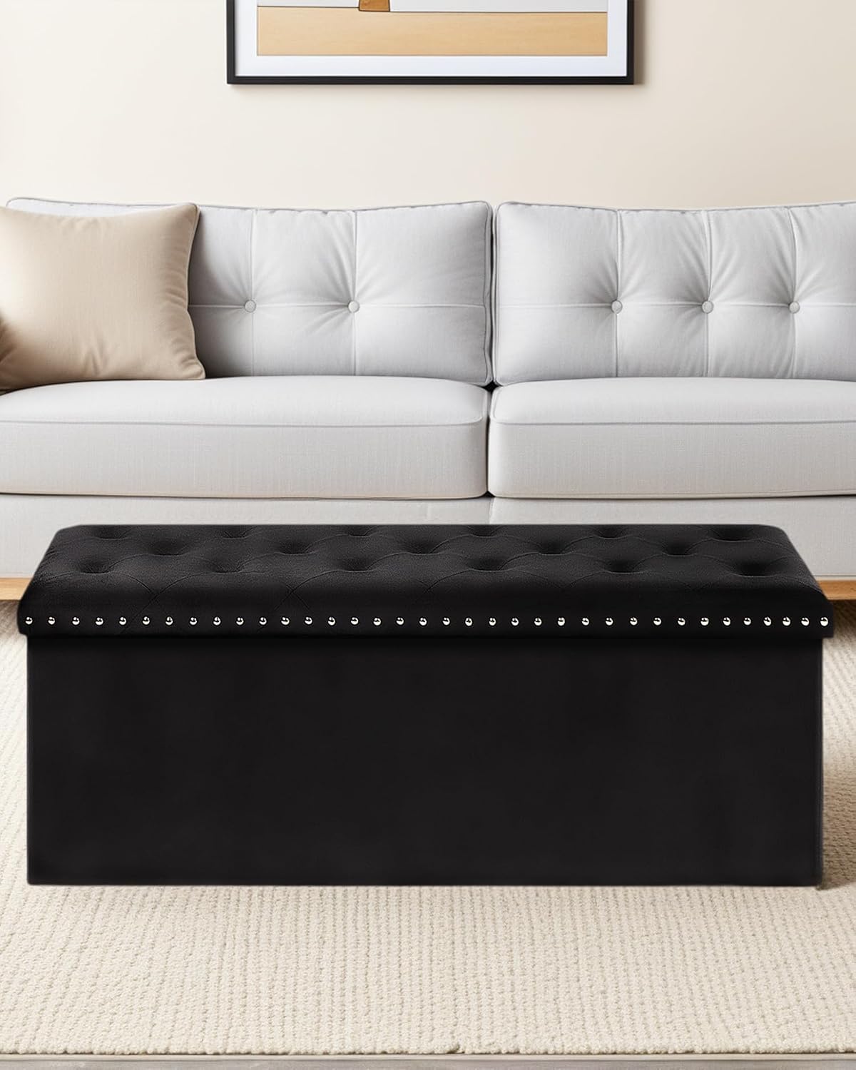 Velvet Storage Ottoman Bench, 43.3" Upholstered Tufted Ottoman with Storage, Folding Footrest Bench for Bedroom, Living Room, or Entryway, Black