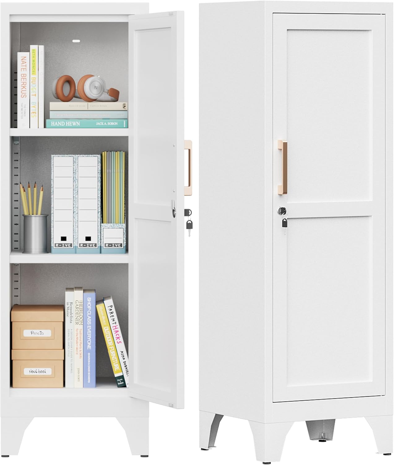 46"H White Metal Locker with 1 Lockable Door and 2 Adjustable Shelves For Employees,3 Tier Small Storage Cabinet with Detachable Legs and Vintage Handle for Kitchen, Office,School,Gym,Easy Assembly