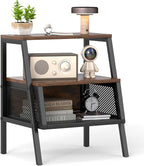 Giantex Industrial Nightstand, Modern End Table w/Open Shelves & Metal Mesh, 3-Tier Sofa Side Table w/Sturdy Trapezoidal Metal Frame, Night Stand for Bedroom, Small Spaces, Rustic Brown (1)