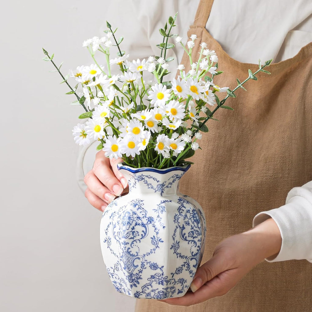 Blue and White Vase, Chinoiserie Ceramic Vase for Centerpiece, 5.91" Vintage Flower Vase for Living Room, Office,Home Decor,French Country Decor