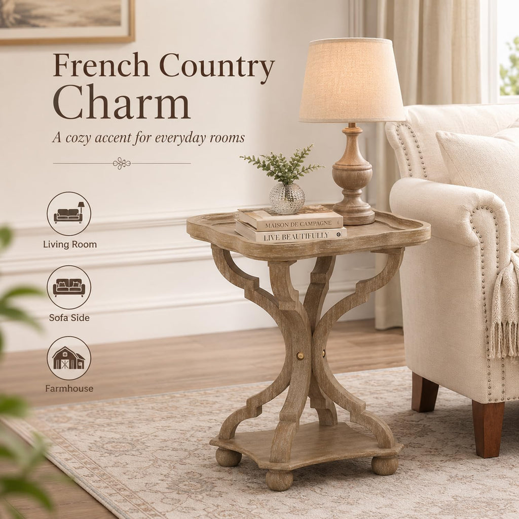 French Country Accent Table, Farmhouse Side Table (Natural B) | 19 Inch Fir Wood Piece with Lipped Rectangular Top, Hourglass Base for Living Room and Bedroom