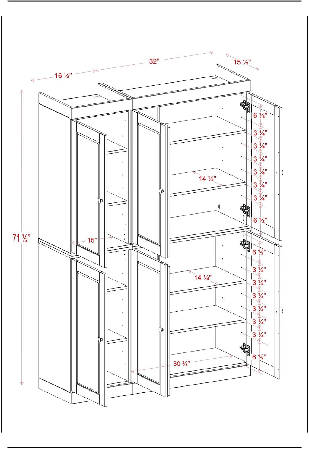 Palace Imports Solid Wood Kitchen Pantry Cabinet 71.5" Tall, 48.5" Wide – Wooden Storage Cabinet w/ 6 Shaker Doors & 8 Adjustable Shelves – Aqua, 100% Renewable Eco-Friendly Wood, Made in Brazil