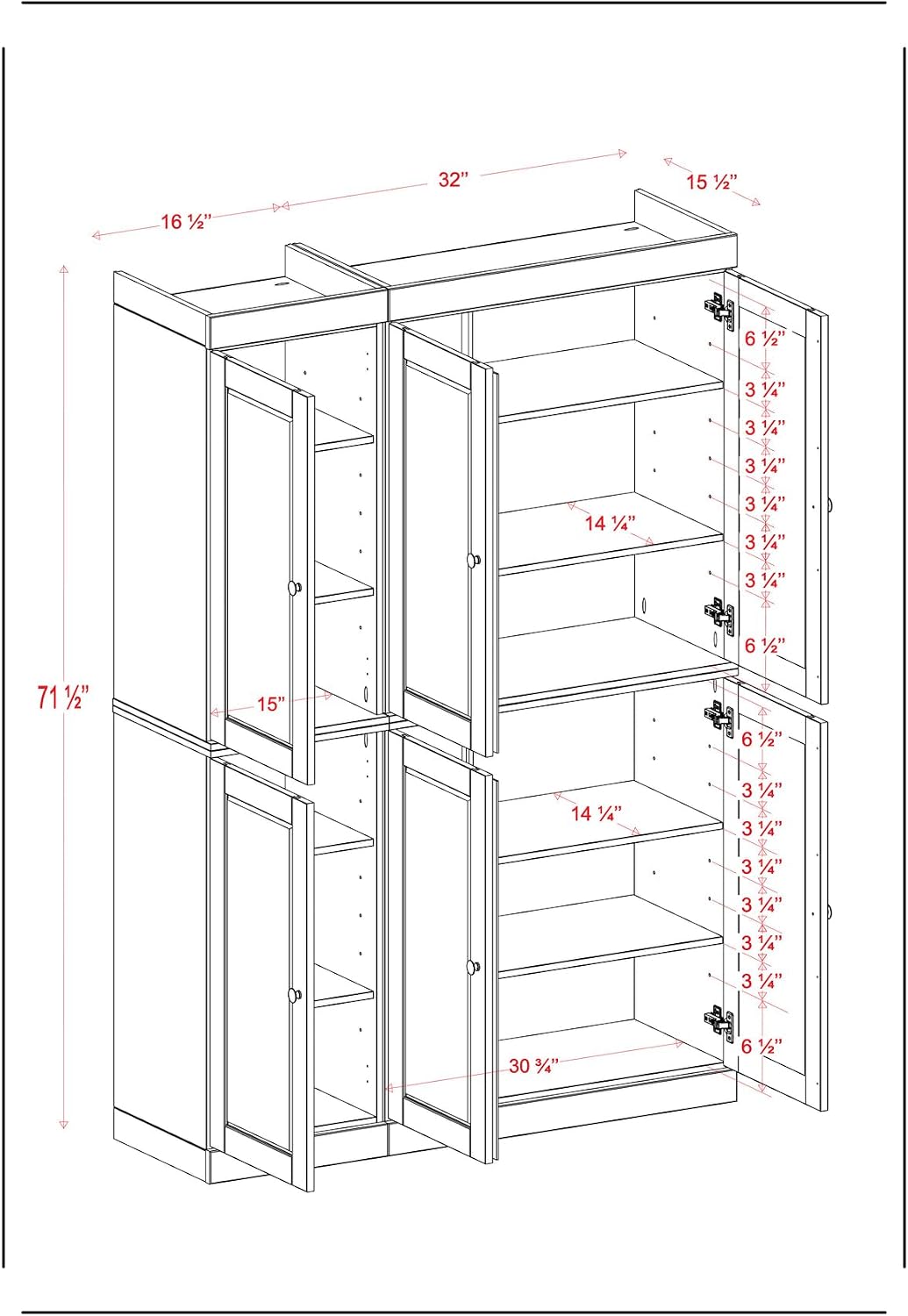Palace Imports Solid Wood Kitchen Pantry Cabinet 71.5" Tall, 48.5" Wide – Wooden Storage Cabinet w/ 6 Shaker Doors & 8 Adjustable Shelves – Aqua, 100% Renewable Eco-Friendly Wood, Made in Brazil