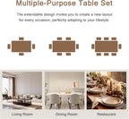 Einhomn 7-Piece Dining Table Set, 63" Extendable Kitchen Room Table with 6 Stools, Mid Century Modern Dinner Table with Metal Frame & MDF Board, Space-Saving, Easy Assembly, Black