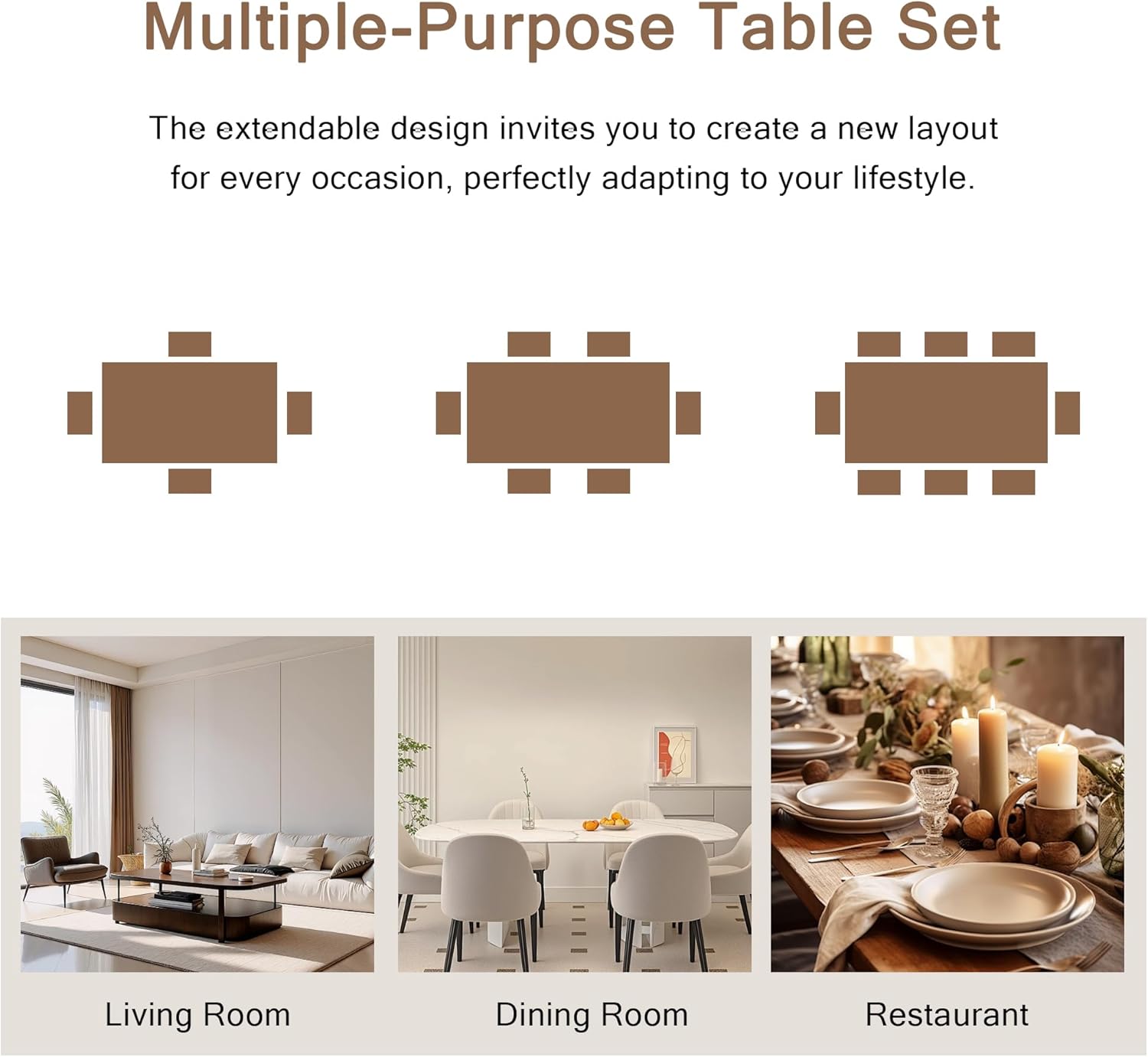 Einhomn 7-Piece Dining Table Set, 63" Extendable Kitchen Room Table with 6 Stools, Mid Century Modern Dinner Table with Metal Frame & MDF Board, Space-Saving, Easy Assembly, Black