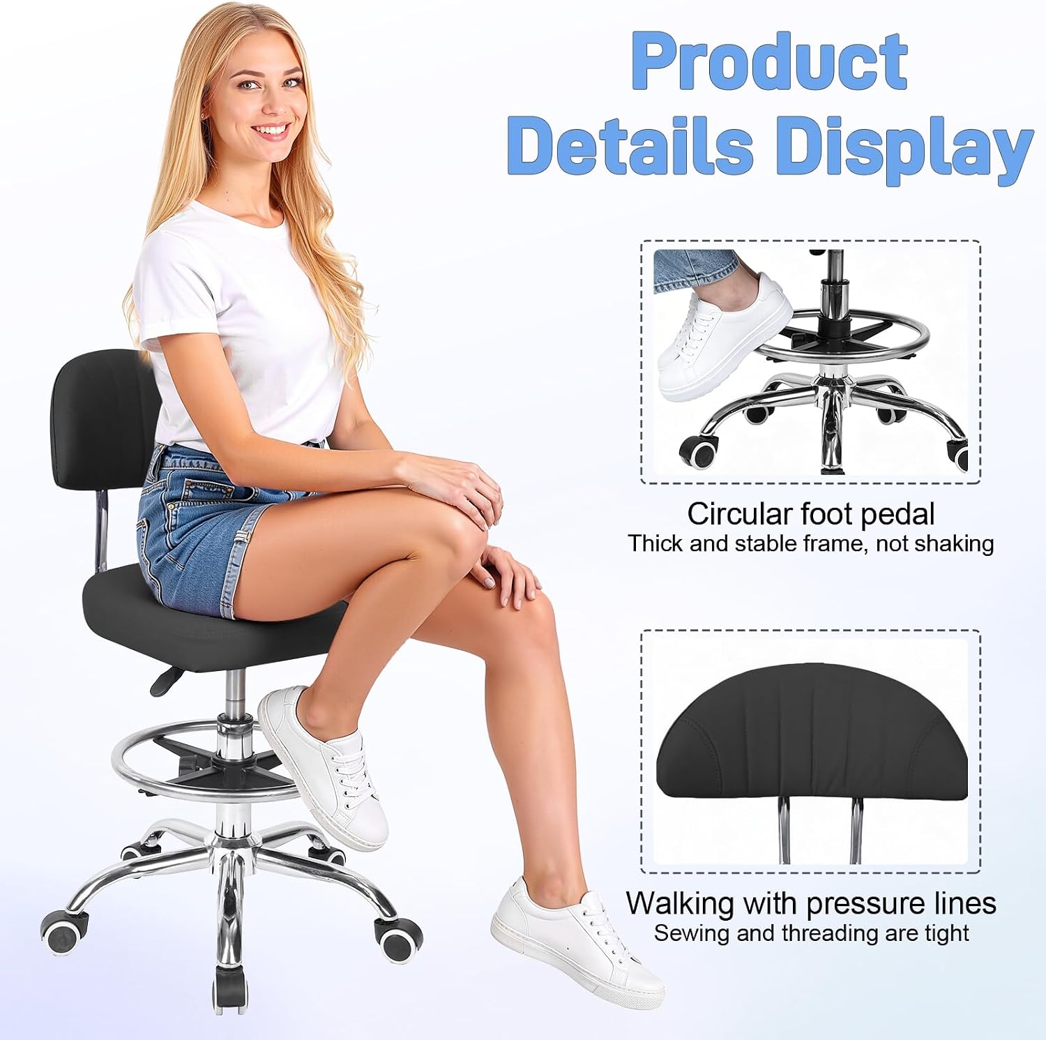 Height Adjustable Drafting Chair, Tall Office Chair with Backrest and Foot Rest, Swivel Rolling Stool, Ergonomic Computer Chairs, for Home Office Studio Dental Salon, 220 lbs Black