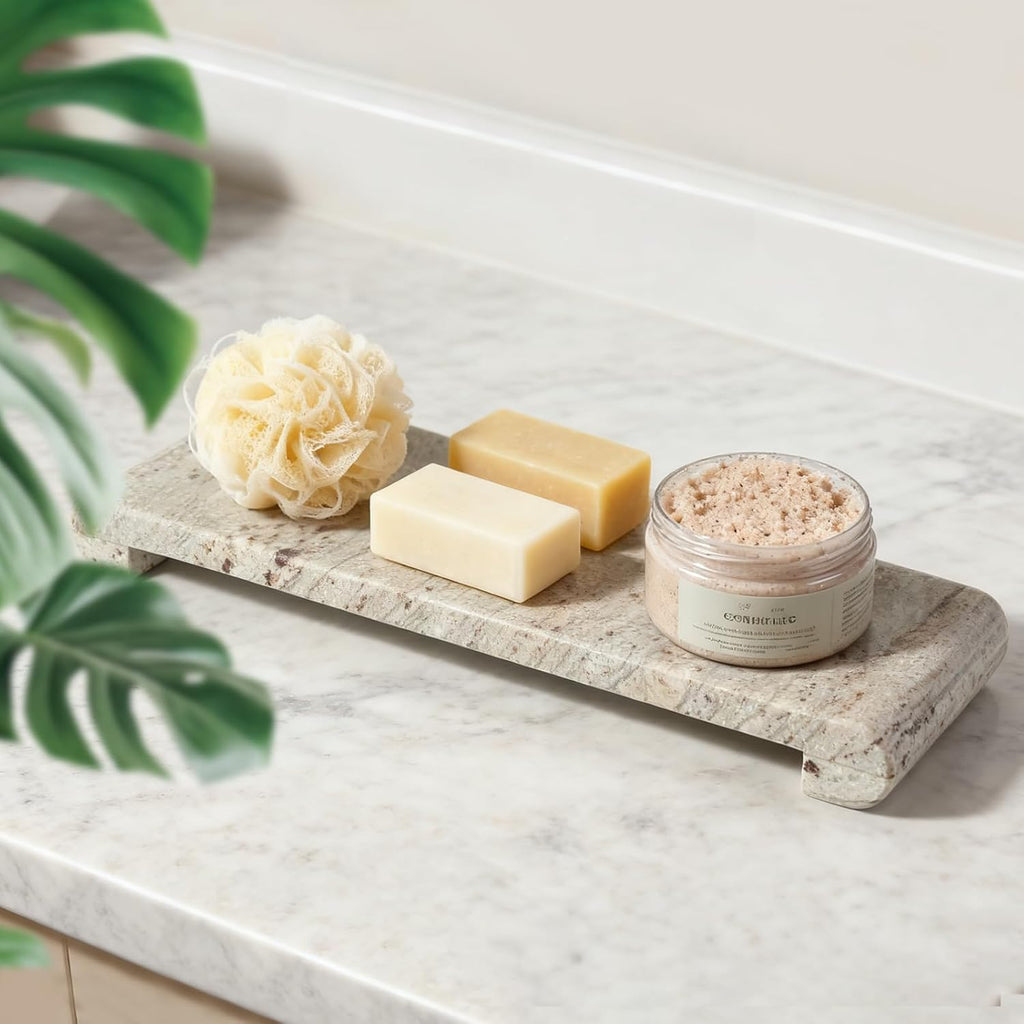Marble Tray Pedestal Stand, 16"x4" Marble Vanity Tray with Feet for Bathroom Counter, Rectangular Marble Riser for Kitchen Sink, Soap Dispenser Perfume Jewelry Stone Organizer (River White)