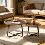 Small Round Nesting Coffee Table Set of 2, Woven Nesting Side Tables with Metal Frame, Modern Circle End Tables for Living Room Bedroom Office Balcony Outdoor