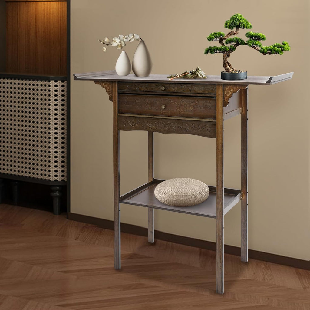 Free Standing Altar Table, Retro Chinese Style Altar Table with Drawers Meditation Table with Storage Tier and Auspicious Cloud Carving for Homes Temples Ancestral Halls (39.3x15.7x39.3 in)