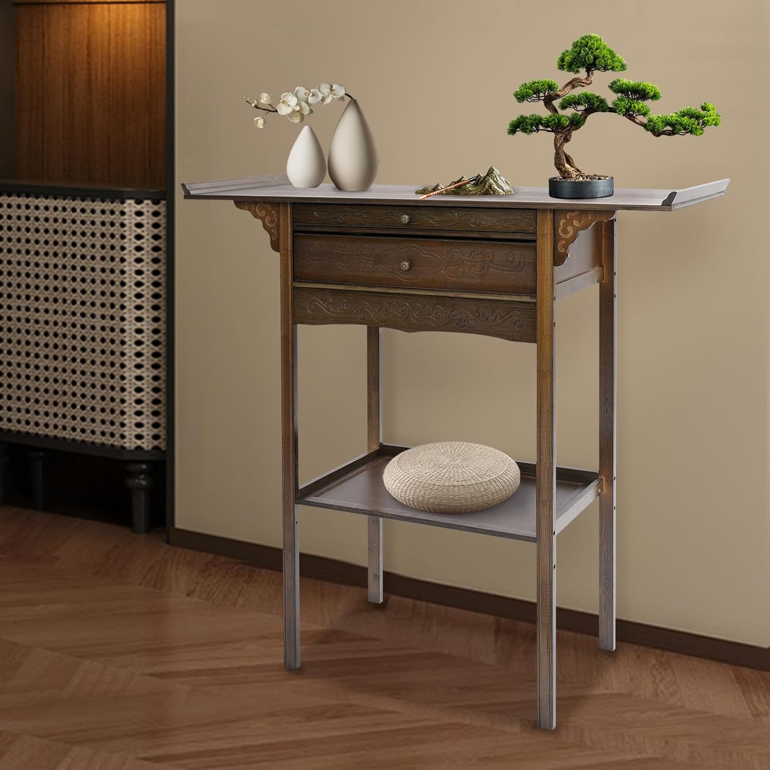 Free Standing Altar Table, Retro Chinese Style Altar Table with Drawers Meditation Table with Storage Tier and Auspicious Cloud Carving for Homes Temples Ancestral Halls (39.3x15.7x39.3 in)