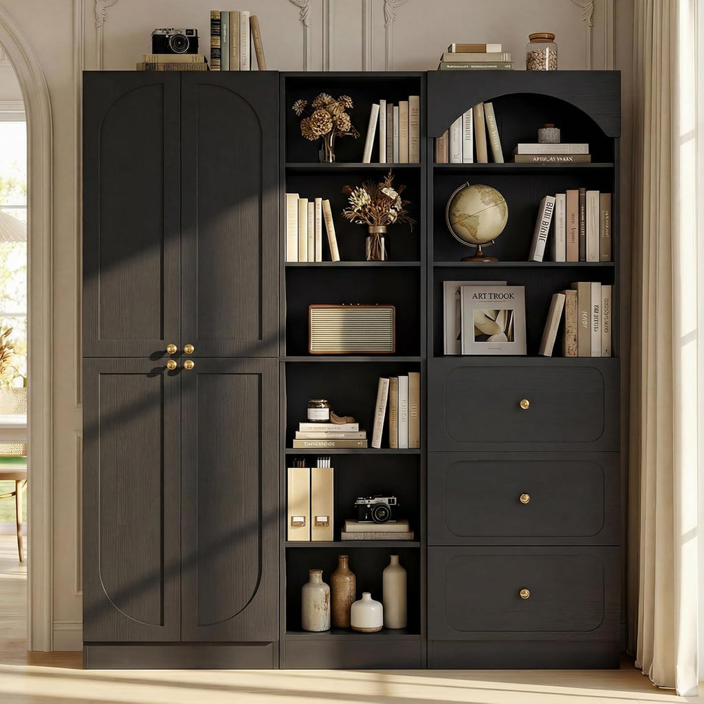 Cyclysio 80" Tall Pantry System with 4 Doors, Arched Corner Pantries with 3 Drawers, Wooden Floor Cupboard with 6-Tier Open Shelves for Living Room