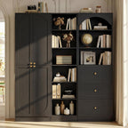 Cyclysio 80" Tall Pantry System with 4 Doors, Arched Corner Pantries with 3 Drawers, Wooden Floor Cupboard with 6-Tier Open Shelves for Living Room