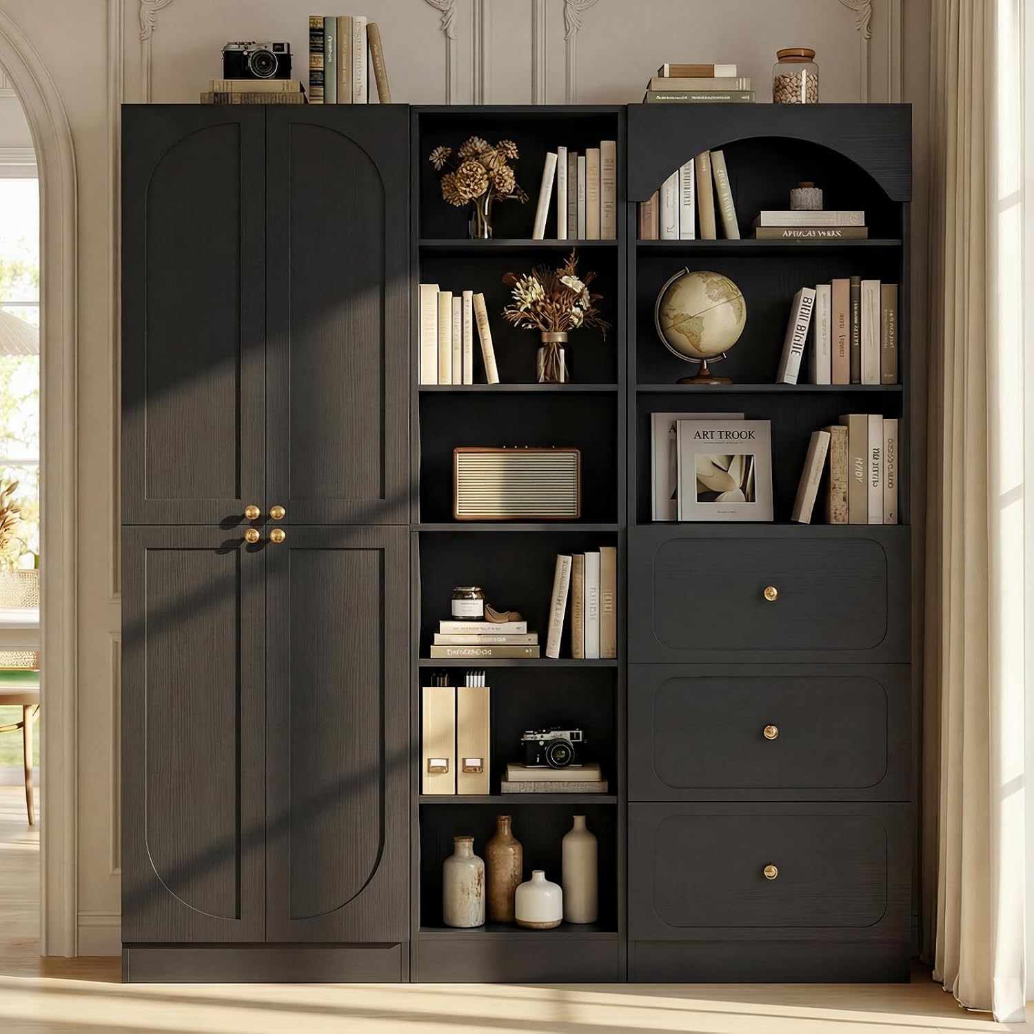 Cyclysio 80" Tall Pantry System with 4 Doors, Arched Corner Pantries with 3 Drawers, Wooden Floor Cupboard with 6-Tier Open Shelves for Living Room