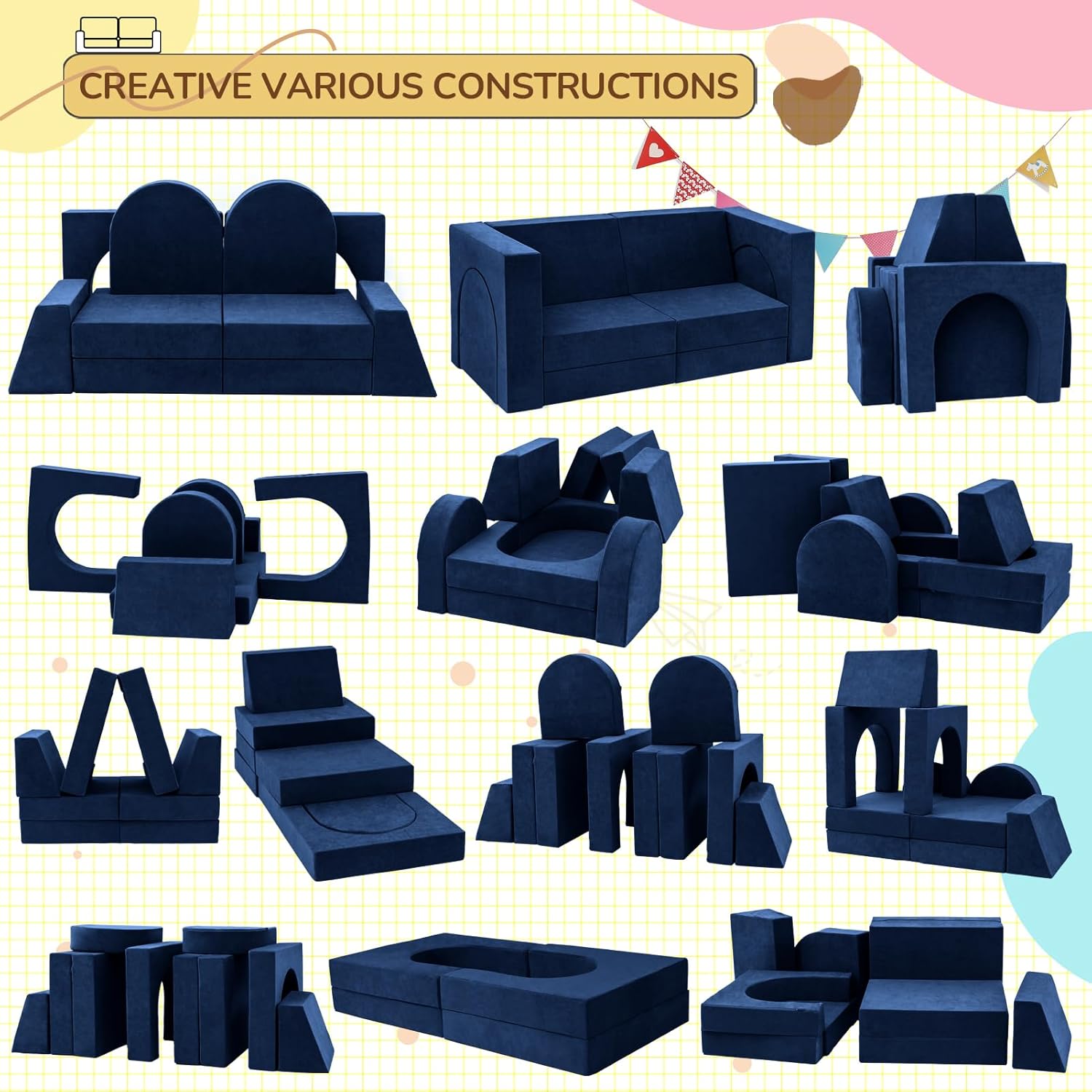 Fvkind 10 Pcs Modular Kids Play Couch, Foam Kids Play Couch for Playroom & Bedroom, Multifunctional Children Sofa Building Fort for Boys and Girls with Soft Foam and Removable Cover, Blue