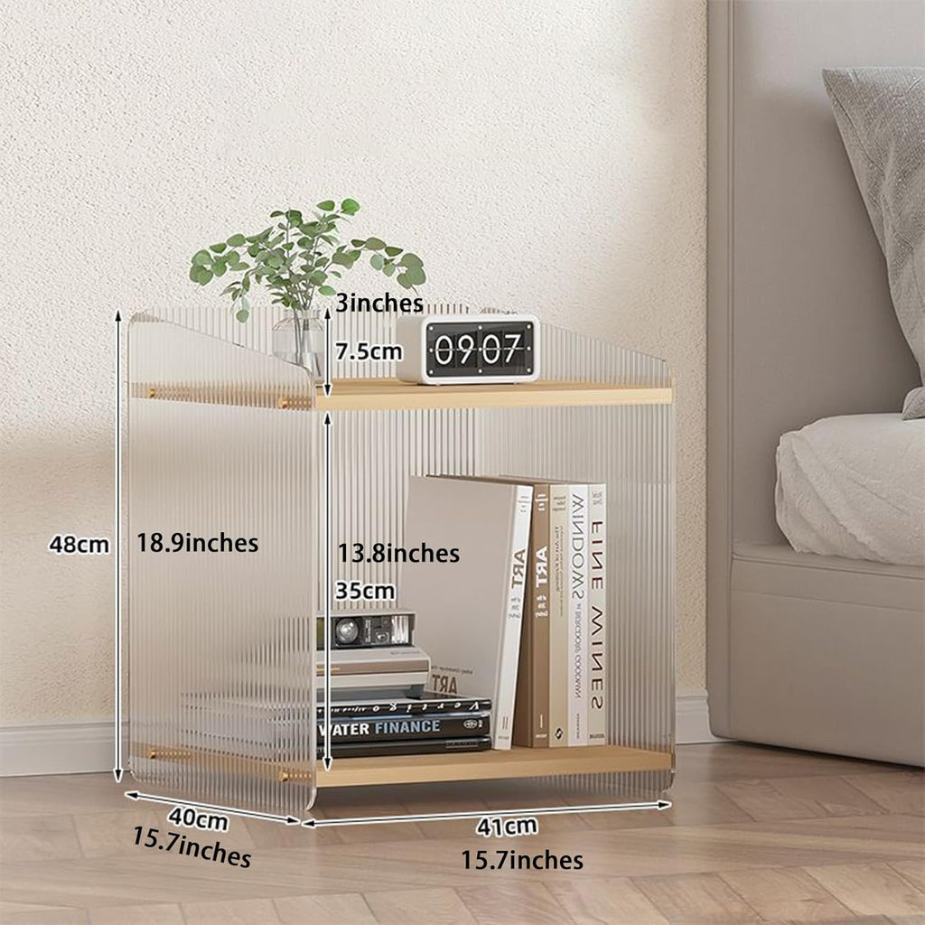 Acrylic and Wood End Table with 2-Tier Storage, Side Table for Couch Dinner Coffee Drink Table TV Snack Tray Modern Minimalist Nightstand for Living Room, 18.9 Inch, Clear (Wood)