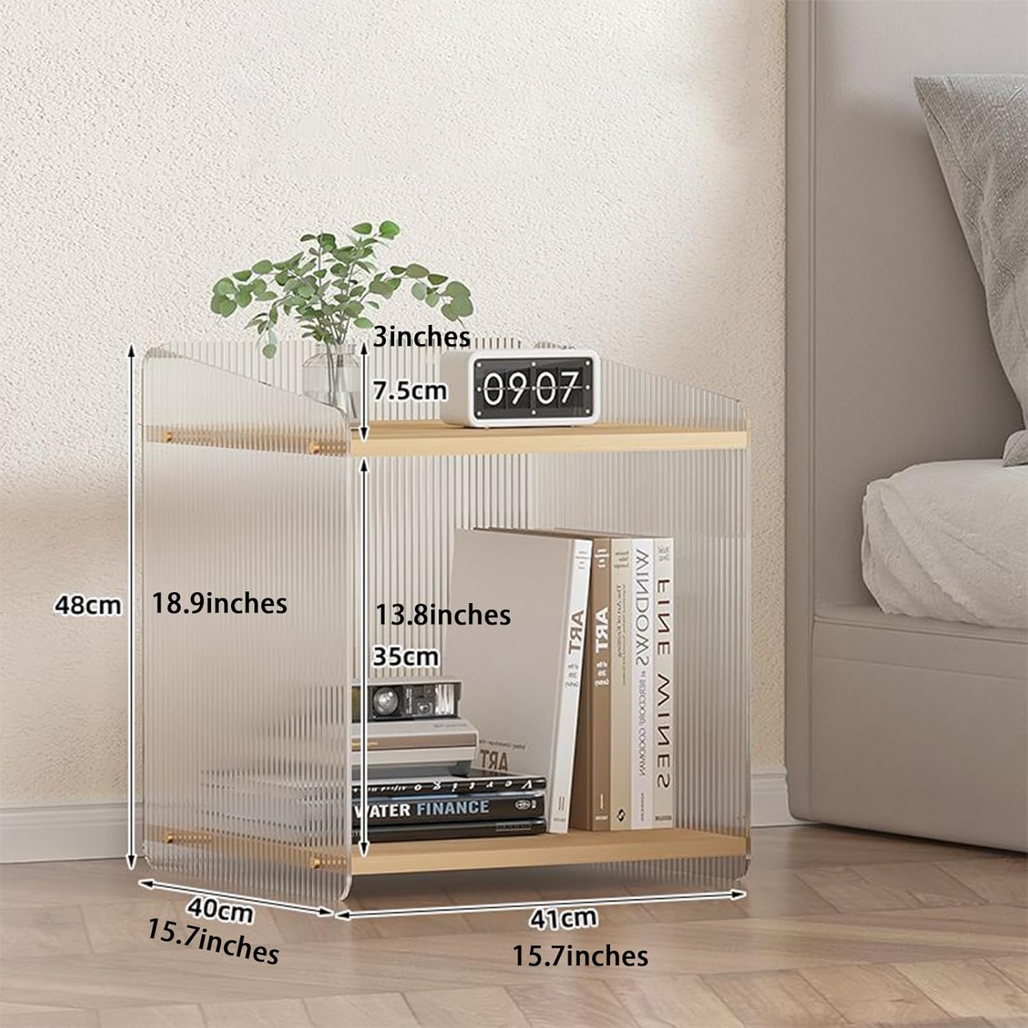 Acrylic and Wood End Table with 2-Tier Storage, Side Table for Couch Dinner Coffee Drink Table TV Snack Tray Modern Minimalist Nightstand for Living Room, 18.9 Inch, Clear (Wood)