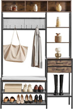 VEVOR Hall Tree with Bench and Shoe Storage, Entryway Bench with Coat Rack, 2 Drawers, 3 Storage Cubbies, 3 Open Shelves, Coat Hooks with Soft Cushion for Entryway, Hallway